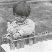 Gli incastri solidi Fitting the cylinders into the right holes, Berlin 1927. This exercise, initially with just one block of cylinders, is popular with children as young as two and a half to three. Material for developing the ability to gauge the size of objects by sight or touch - T. Müller, R. Schneider, <em>Lehrmaterialien 1913-1935. Möbel und Architektur. Techning Meterials 1913-1935. Furniture and Architecture</em>, München, Prestel Verlag, 2002, p.90$$$446