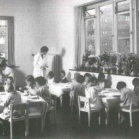 View into the dining room, to the left the window on the entrance side of the building [Montessori Children's House on Koldingsstrasse in Altona, 1928] - T. Müller, R. Schneider,<em> Lehrmaterialien 1913-1935. Möbel und Architektur. Techning Meterials 1913-1935. Furniture and Architecture</em>, München, Prestel Verlag, 2002, p.66$$$418