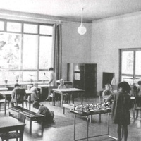Work room for group 2. All the furniture has been specially made to be child-sized. The lower sections of the double windows can be opened by the children themselves and even the door handles are at child height [The Children's House on Rudolfsplatz, Vienna, 1930] -  T. Müller, R. Schneider, <em>Lehrmaterialien 1913-1935. Möbel und Architektur. Techning Meterials 1913-1935. Furniture and Architecture</em>, München, Prestel Verlag, 2002, p.71$$$396