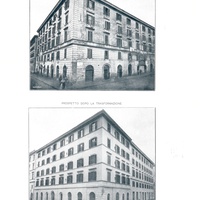 Casa popolare nel quartiere di S. Lorenzo risanata e trasformata. Prospetto prima della trasformazione. Prospetto dopo la trasformazione - E. Talamo, <em>La Casa Moderna nell’opera dell’Istituto Romano di Beni Stabili</em>, Roma, Offic. Tip. Bodoni, 1910, Tav. XXXV.$$$476