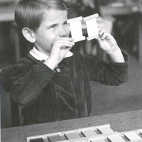 Le spolette dei colori A five year old boy is holding up two similar colour tablets in order to be able to see better which shade is darker. Montessori nurs-ery, Berlin-Tegel, 1949 - T. Müller, R. Schneider, <em>Lehrmaterialien 1913-1935. Möbel und Architektur. Techning Meterials 1913-1935. Furniture and Architecture</em>, München, Prestel Verlag, 2002, p.92$$$454